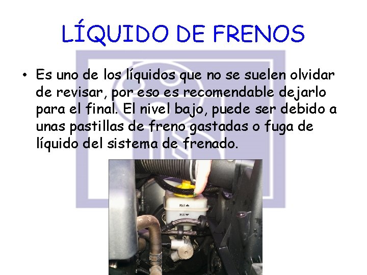 LÍQUIDO DE FRENOS • Es uno de los líquidos que no se suelen olvidar