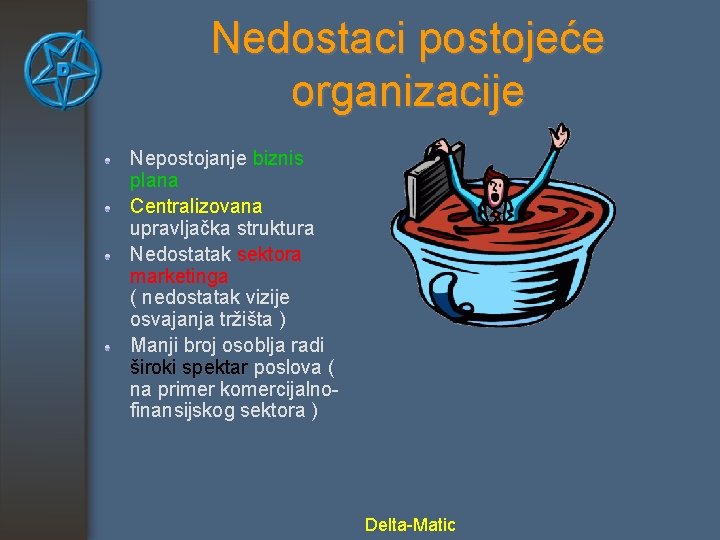 Nedostaci postojeće organizacije Nepostojanje biznis plana Centralizovana upravljačka struktura Nedostatak sektora marketinga ( nedostatak