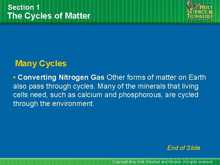 Section 1 The Cycles of Matter Many Cycles • Converting Nitrogen Gas Other forms