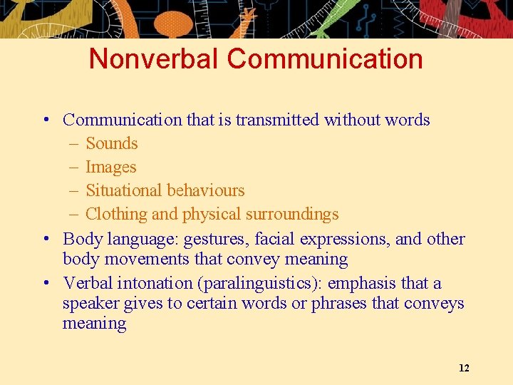 Nonverbal Communication • Communication that is transmitted without words – Sounds – Images –