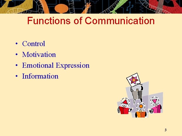 Functions of Communication • • Control Motivation Emotional Expression Information 3 