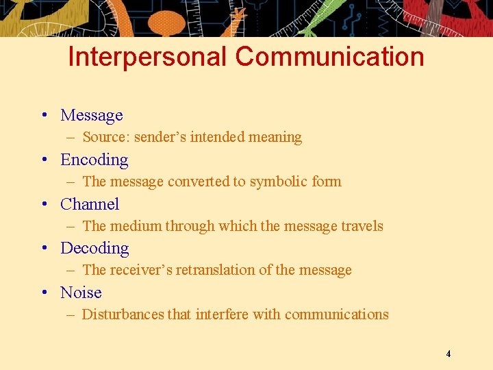Interpersonal Communication • Message – Source: sender’s intended meaning • Encoding – The message