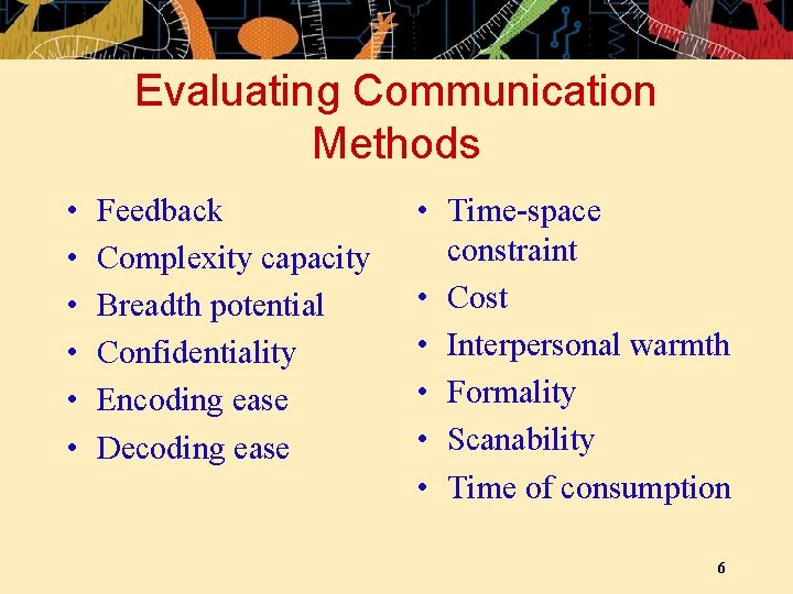 Evaluating Communication Methods • • • Feedback Complexity capacity Breadth potential Confidentiality Encoding ease