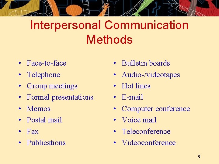 Interpersonal Communication Methods • • Face-to-face Telephone Group meetings Formal presentations Memos Postal mail