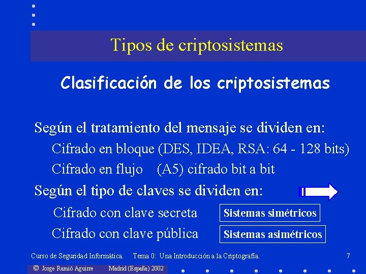 Tipos de criptosistemas Clasificación de los criptosistemas Según el tratamiento del mensaje se dividen