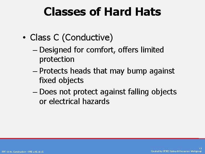 Classes of Hard Hats • Class C (Conductive) – Designed for comfort, offers limited