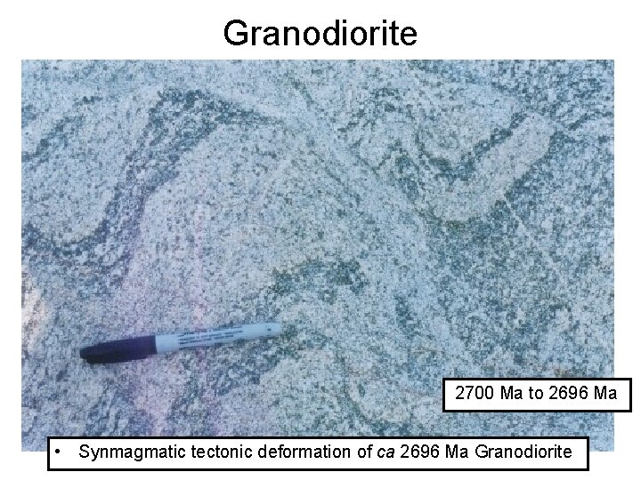 Granodiorite 2700 Ma to 2696 Ma • Synmagmatic tectonic deformation of ca 2696 Ma