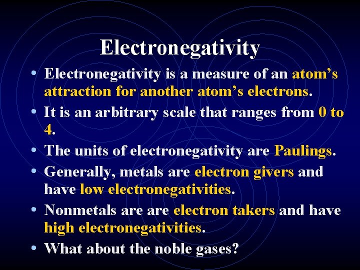 Electronegativity • Electronegativity is a measure of an atom’s • • • attraction for