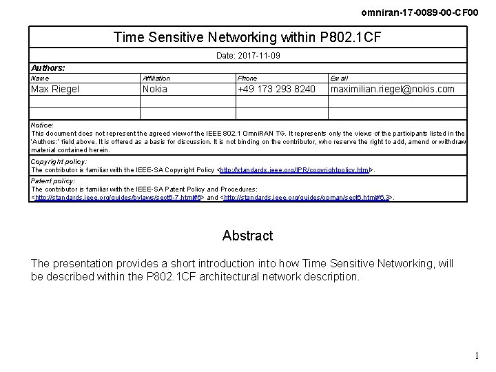 omniran-17 -0089 -00 -CF 00 Time Sensitive Networking within P 802. 1 CF Date: