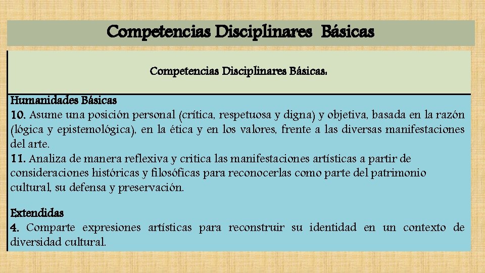 Competencias Disciplinares Básicas: Humanidades Básicas 10. Asume una posición personal (crítica, respetuosa y digna)