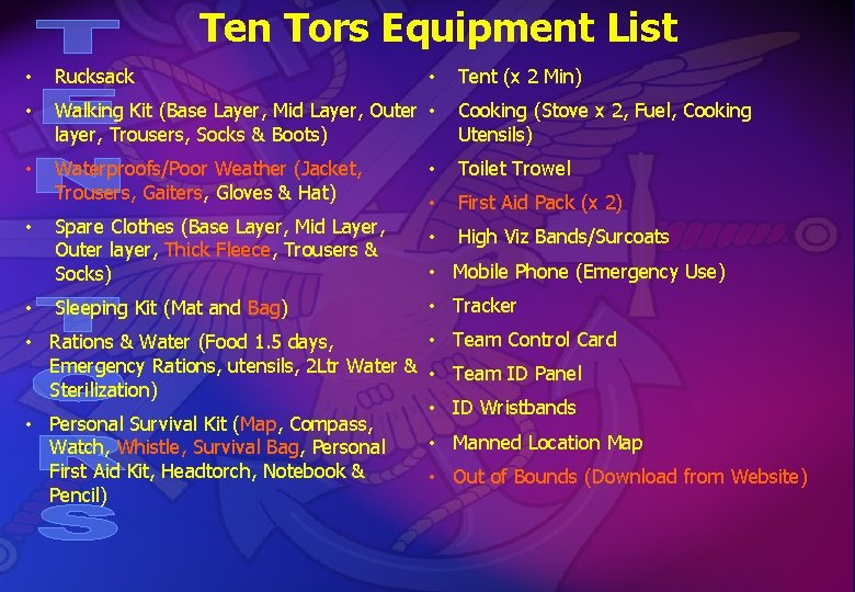 Ten Tors Equipment List • Rucksack • Walking Kit (Base Layer, Mid Layer, Outer