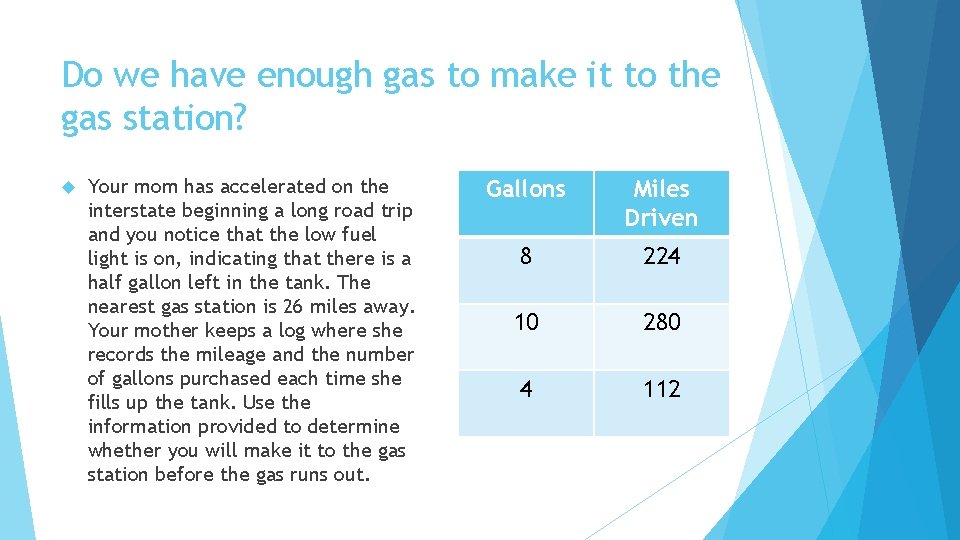 Do we have enough gas to make it to the gas station? Your mom