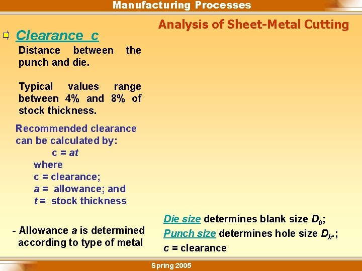 Manufacturing Processes Analysis of Sheet-Metal Cutting Clearance c Distance between punch and die. the