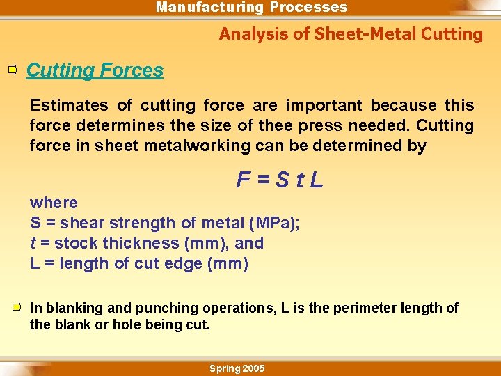 Manufacturing Processes Analysis of Sheet-Metal Cutting Forces Estimates of cutting force are important because