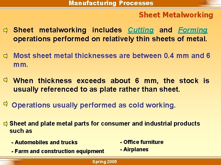 Manufacturing Processes Sheet Metalworking Sheet metalworking includes Cutting and Forming operations performed on relatively
