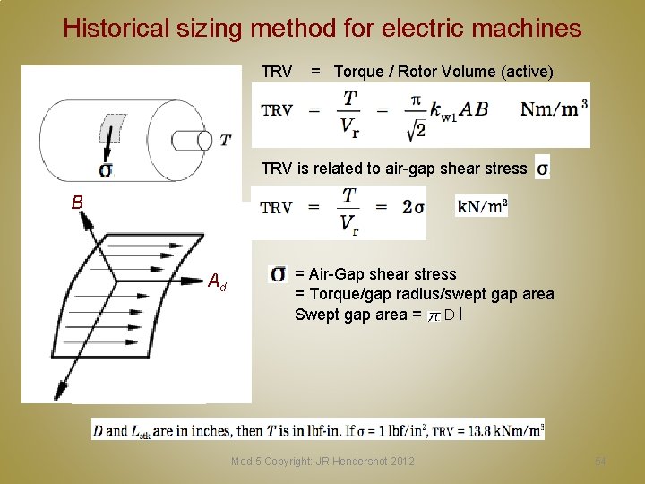 Historical sizing method for electric machines TRV = Torque / Rotor Volume (active) TRV