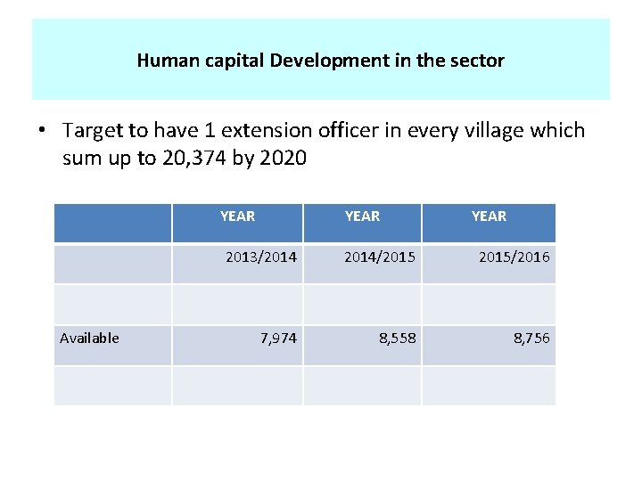 Human capital Development in the sector • Target to have 1 extension officer in