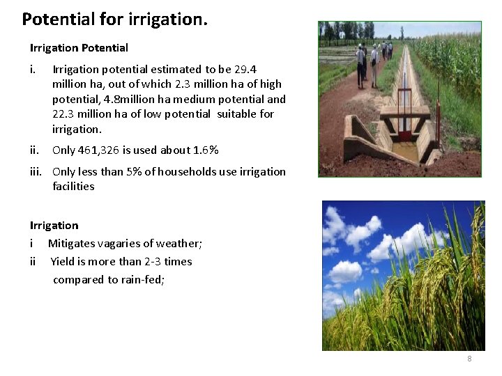 Potential for irrigation. Irrigation Potential i. Irrigation potential estimated to be 29. 4 million