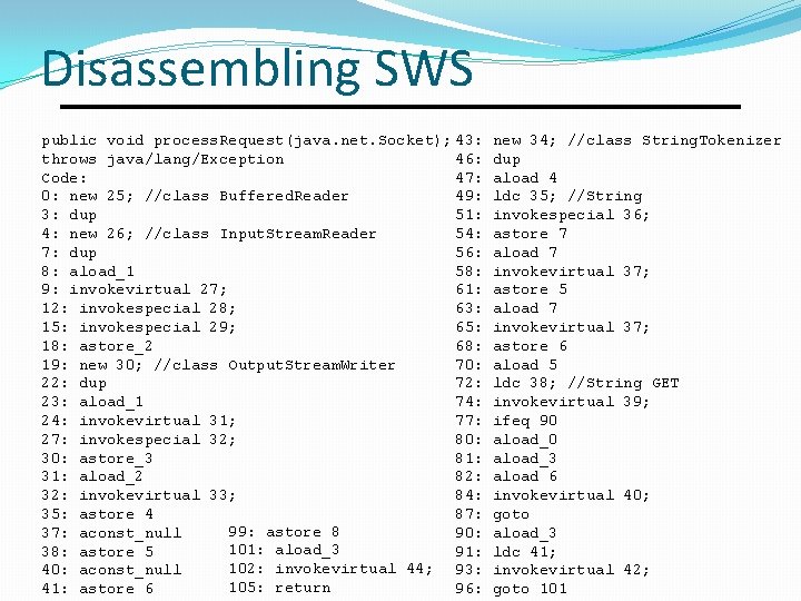 Disassembling SWS public void process. Request(java. net. Socket); 43: throws java/lang/Exception 46: Code: 47: