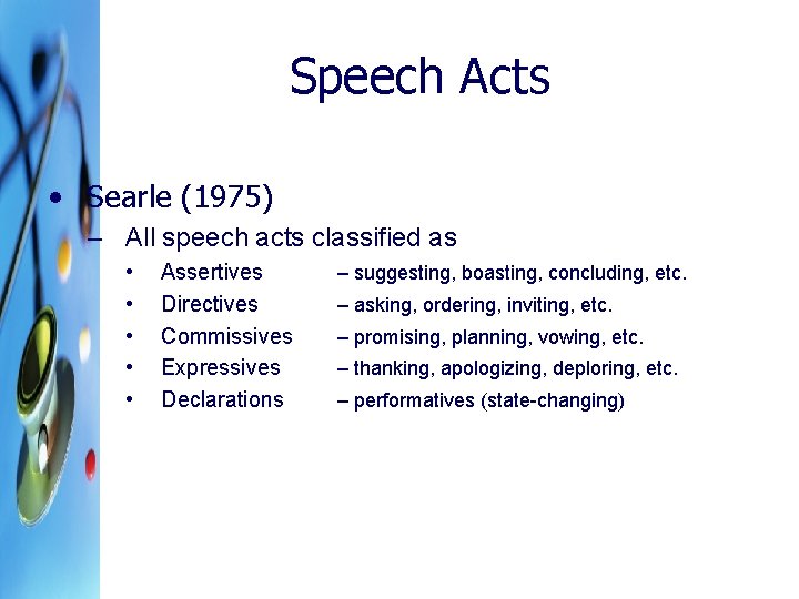 Speech Acts • Searle (1975) – All speech acts classified as • • •