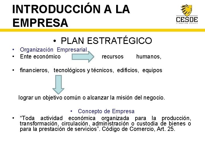 INTRODUCCIÓN A LA EMPRESA • PLAN ESTRATÉGICO • Organización Empresarial. • Ente económico recursos