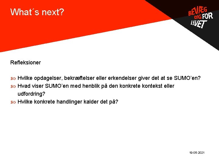 What´s next? . Refleksioner Hvilke opdagelser, bekræftelser eller erkendelser giver det at se SUMO’en?