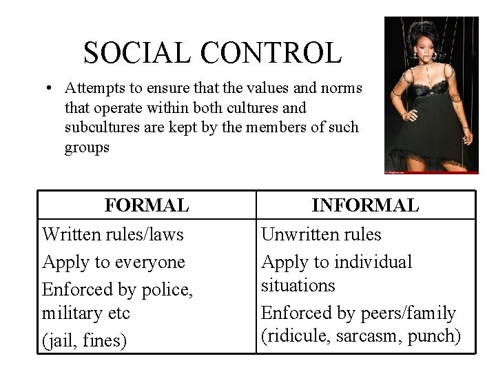 SOCIAL CONTROL • Attempts to ensure that the values and norms that operate within