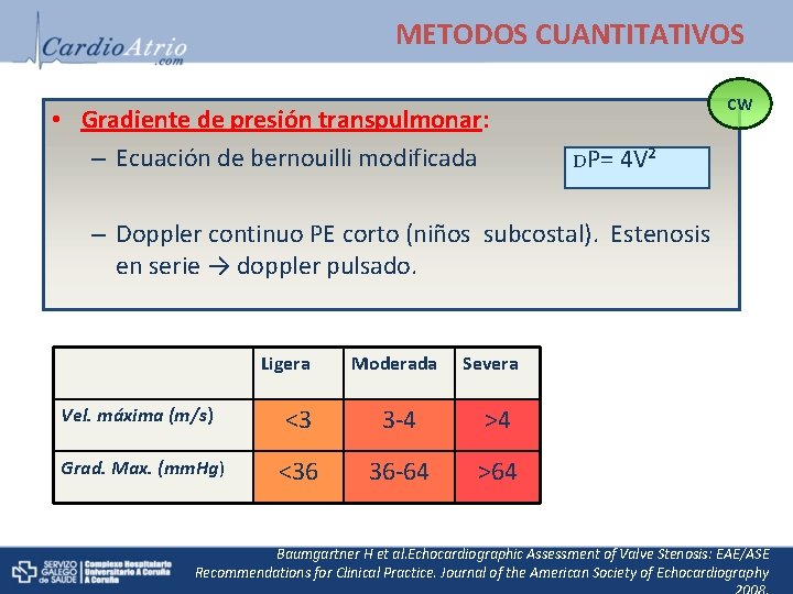 METODOS CUANTITATIVOS • Gradiente de presión transpulmonar: – Ecuación de bernouilli modificada CW DP=