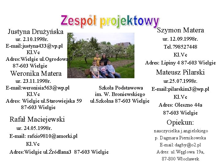 Szymon Matera Justyna Drużyńska ur. 12. 09. 1998 r. Tel. 798527448 Kl. Vc Adres:
