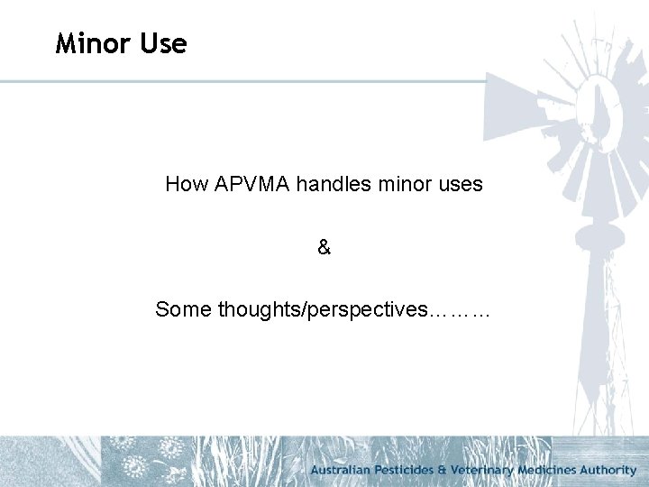 Minor Use How APVMA handles minor uses & Some thoughts/perspectives……… 