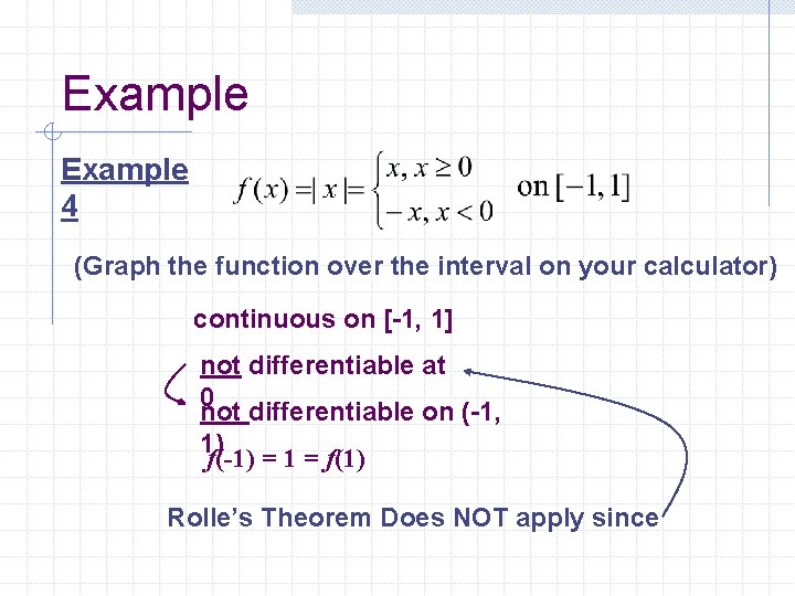 Example 4 (Graph the function over the interval on your calculator) continuous on [-1,