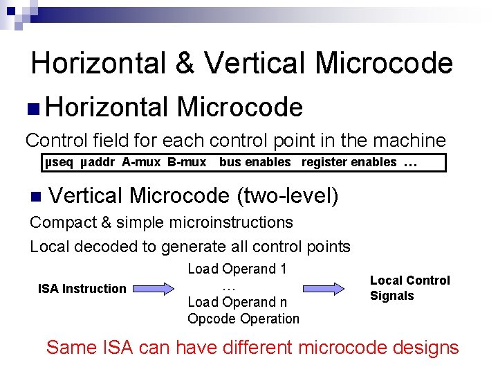 Horizontal & Vertical Microcode n Horizontal Microcode Control field for each control point in