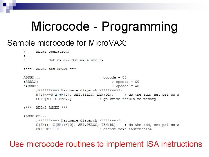 Microcode - Programming Sample microcode for Micro. VAX: Use microcode routines to implement ISA