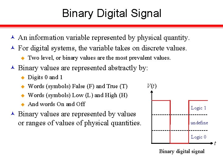 Binary Digital Signal An information variable represented by physical quantity. For digital systems, the
