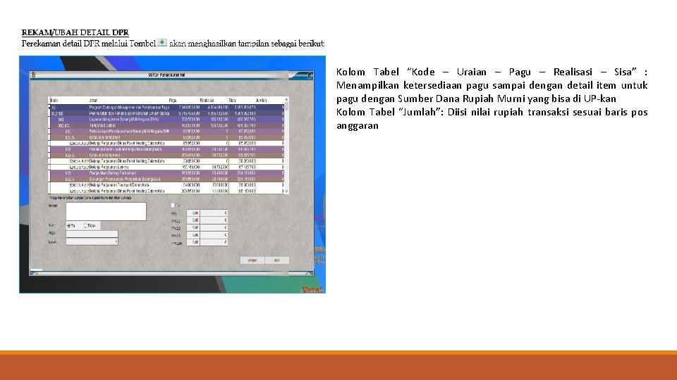 Kolom Tabel “Kode – Uraian – Pagu – Realisasi – Sisa” : Menampilkan ketersediaan