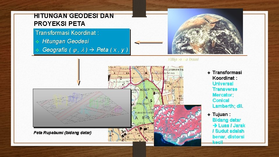 HITUNGAN GEODESI DAN PROYEKSI PETA Transformasi Koordinat : v Hitungan Geodesi v Geografis (