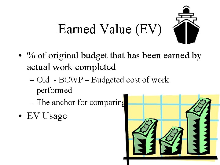Earned Value (EV) • % of original budget that has been earned by actual
