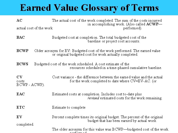 Earned Value Glossary of Terms AC The actual cost of the work completed. The
