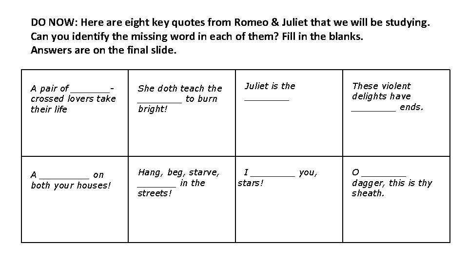 DO NOW: Here are eight key quotes from Romeo & Juliet that we will