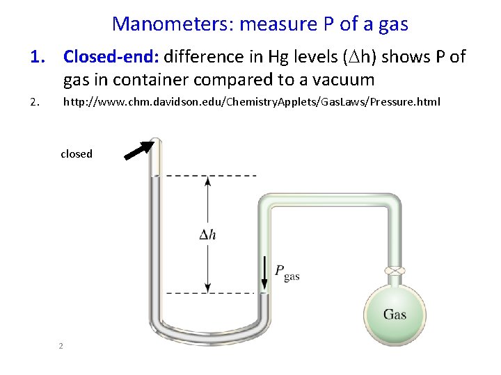 Manometers: measure P of a gas 1. Closed-end: difference in Hg levels (Dh) shows