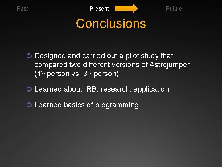 Past Present Future Conclusions Ü Designed and carried out a pilot study that compared