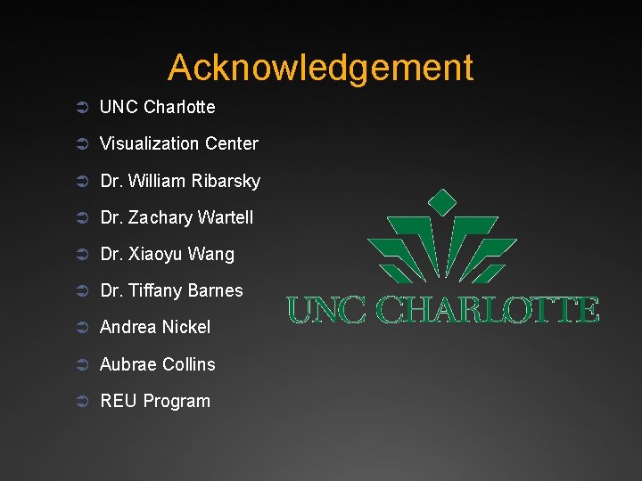 Acknowledgement Ü UNC Charlotte Ü Visualization Center Ü Dr. William Ribarsky Ü Dr. Zachary