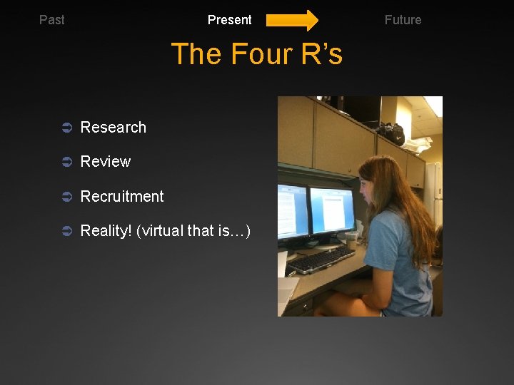 Past Present The Four R’s Ü Research Ü Review Ü Recruitment Ü Reality! (virtual