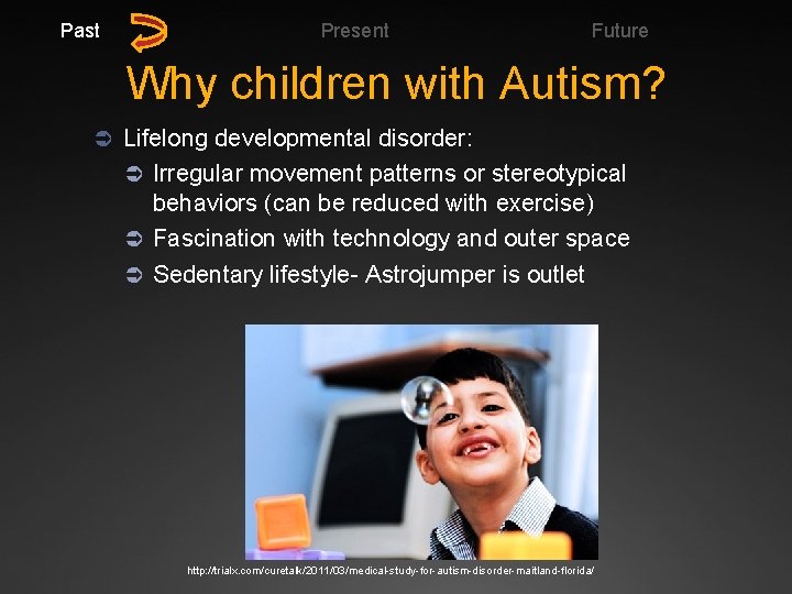 Past Present Future Why children with Autism? Ü Lifelong developmental disorder: Ü Irregular movement