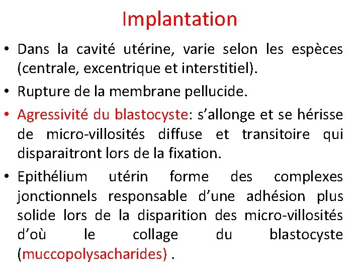 Implantation • Dans la cavité utérine, varie selon les espèces (centrale, excentrique et interstitiel).