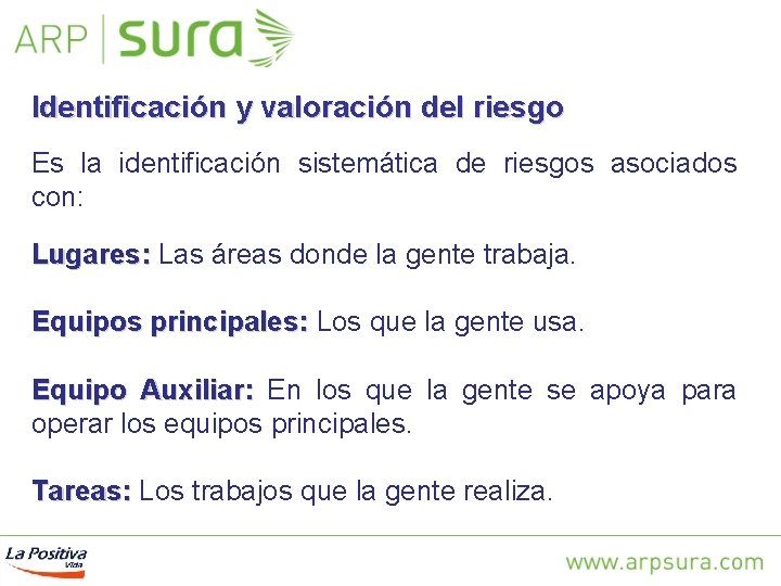 Identificación y valoración del riesgo Es la identificación sistemática de riesgos asociados con: Lugares: