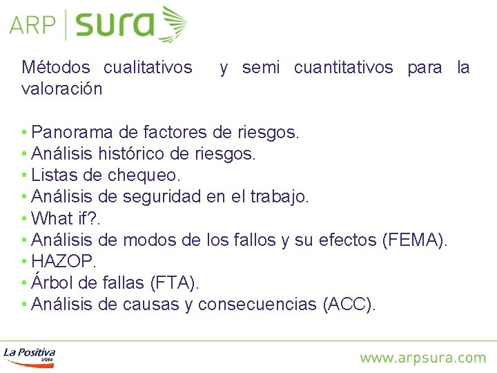 Métodos cualitativos valoración y semi cuantitativos para la • Panorama de factores de riesgos.