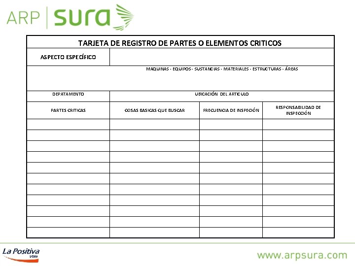 TARJETA DE REGISTRO DE PARTES O ELEMENTOS CRITICOS ASPECTO ESPECÍFICO MAQUINAS - EQUIPOS -