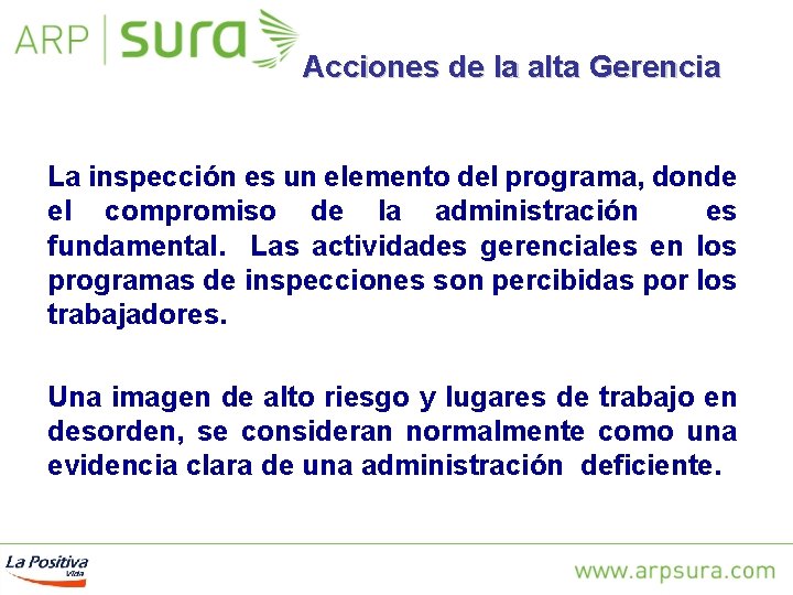 Acciones de la alta Gerencia La inspección es un elemento del programa, donde el