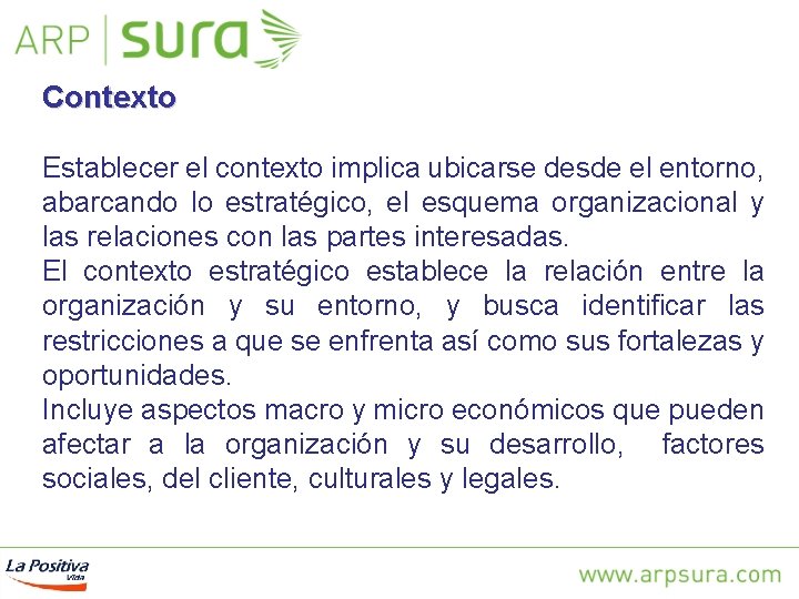 Contexto Establecer el contexto implica ubicarse desde el entorno, abarcando lo estratégico, el esquema